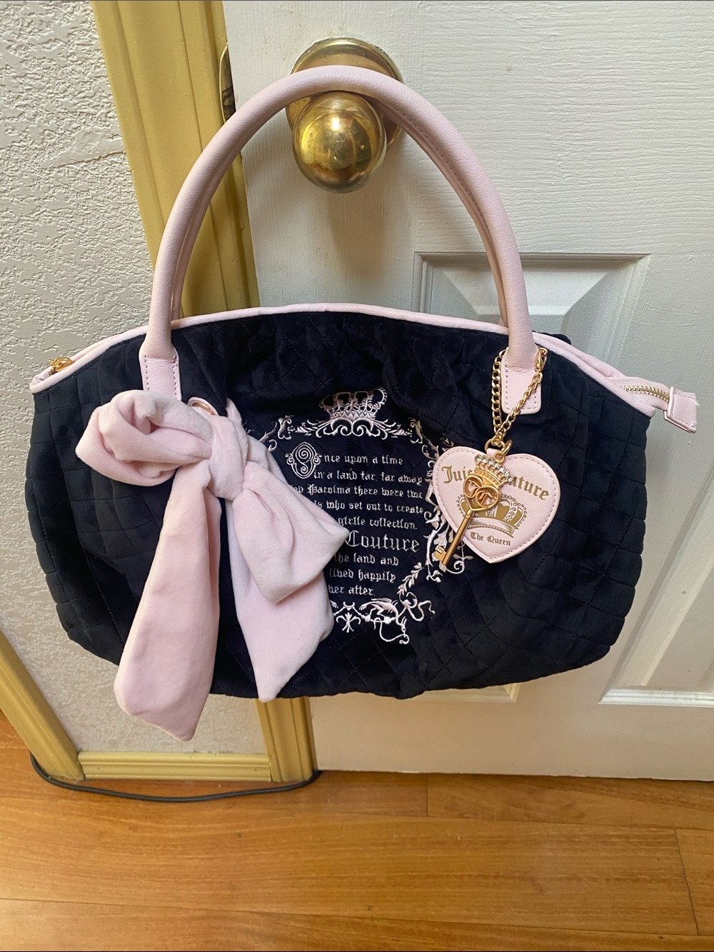 Juicy Couture Black Quilted Satchel with Light Pink Trim and Bow